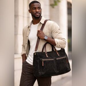 M0851 Distressed Suede Weekender Duffel Bag black Gray Leather Straps Travel Bag